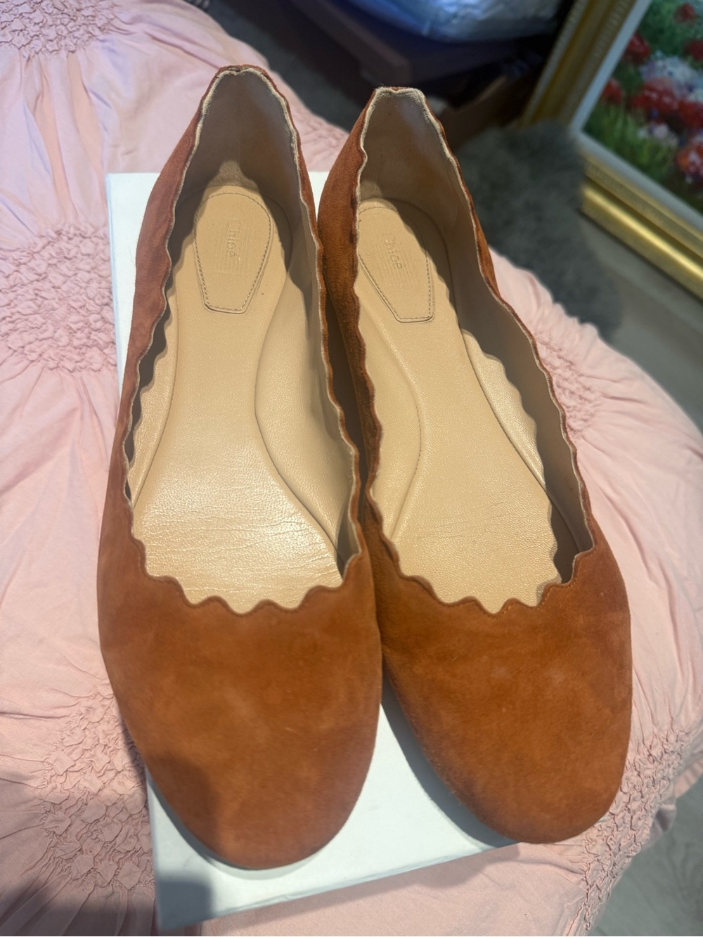 CHLOE Women's Scalloped Edge Suede Flats in Rust
